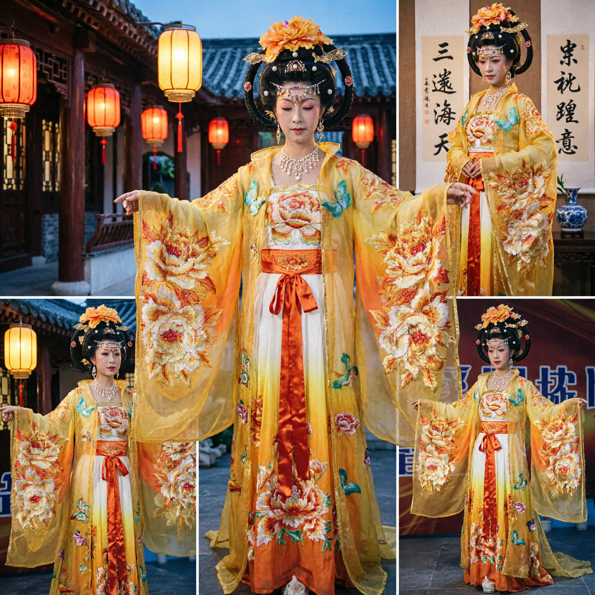 Traditioneel Chinees Tang Dynastie Kostuum Gele Pioenroos Hanfu Podiumoptreden Opera Jurken voor Vrouwen - Asian Costume