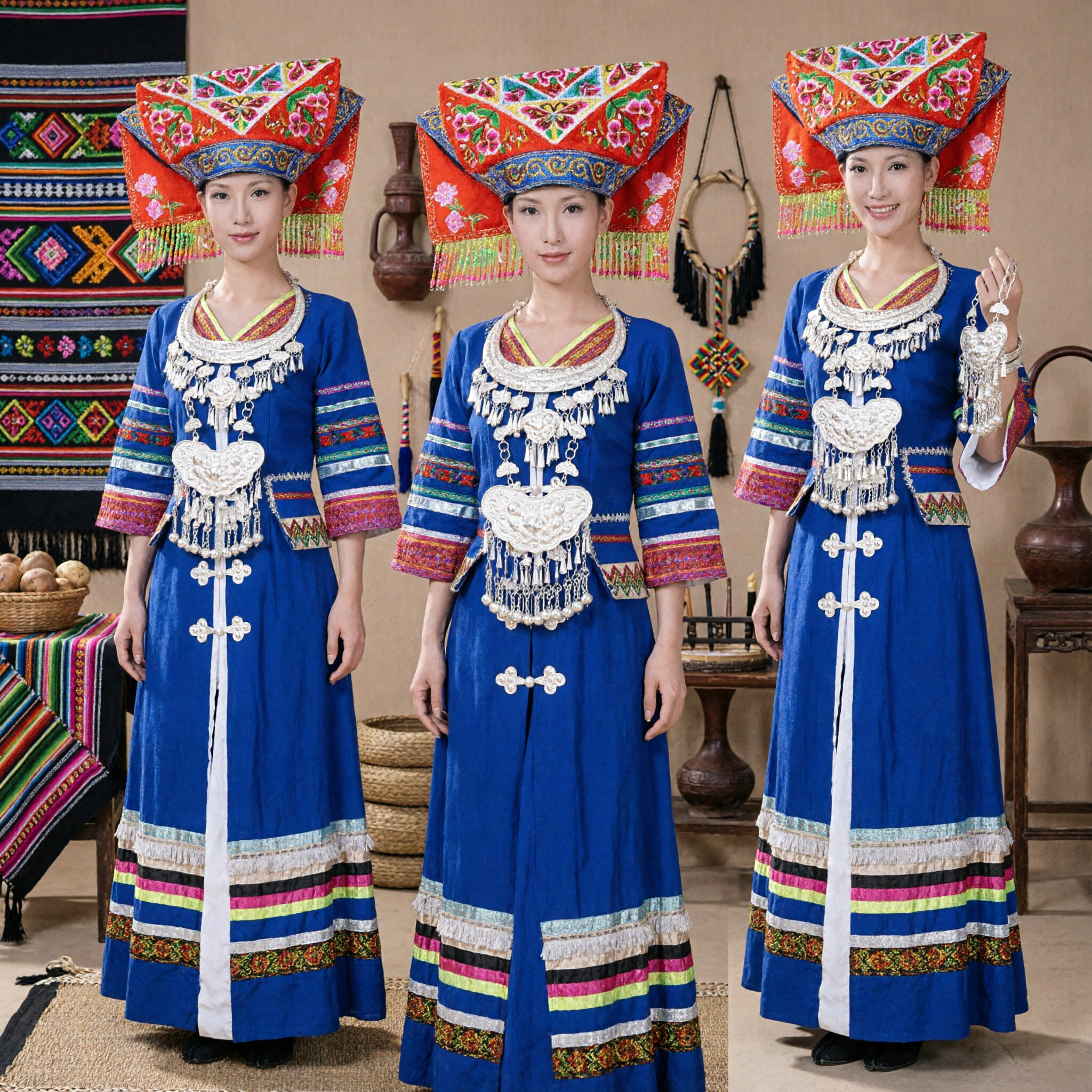 Traditioneel Chinees Zhuang Etnische Blauw Geborduurde Jurk Compleet Set met Zilveren Sieraden en Hoed voor Volksdans - Asian Costume