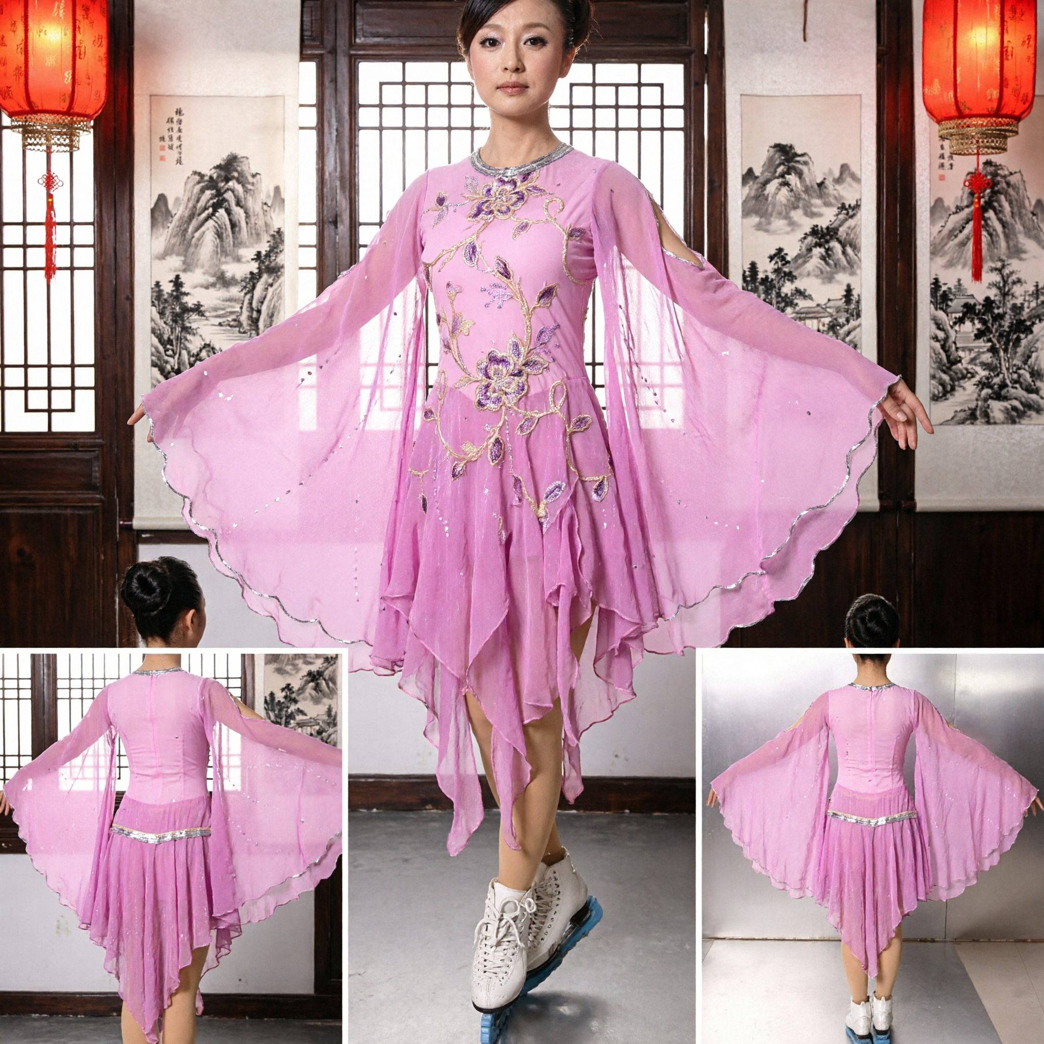 Elegant Pink Figure Skating Dress with Flowing Chiffon Sleeves for Women's Ice Skating Performance and Competition - Asian Costume