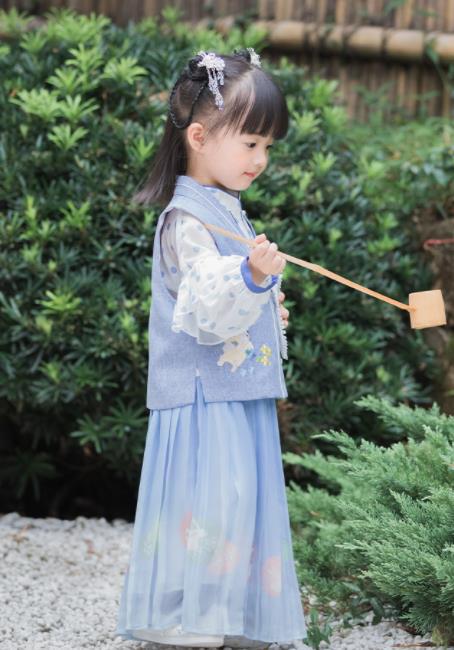 Chinese National Girls Blue Cheongsam Costume Traditional New Year Tang Suit Qipao Dress for Kids