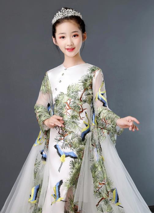 Top Grade Children Day Dance Performance Printing Crane Pine White Dress Kindergarten Girl Stage Show Costume for Kids
