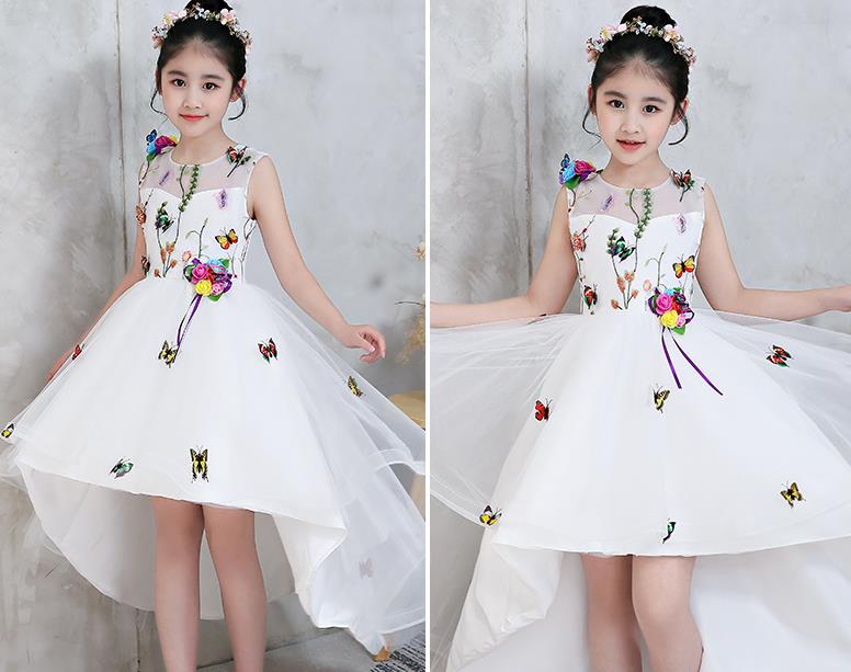 Top Grade Catwalks Flowers Full Dress Children Birthday Costume Stage Show Girls Compere White Veil Dress