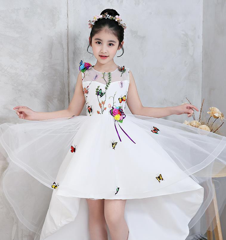 Top Grade Catwalks Flowers Full Dress Children Birthday Costume Stage Show Girls Compere White Veil Dress