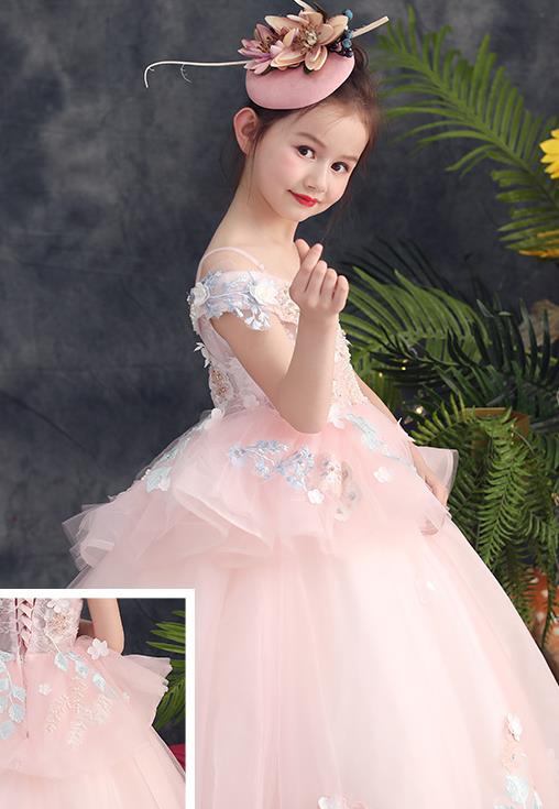 Top Grade Catwalks Flowers Fairy Pink Full Dress Children Birthday Costume Stage Show Girls Compere Veil Dress