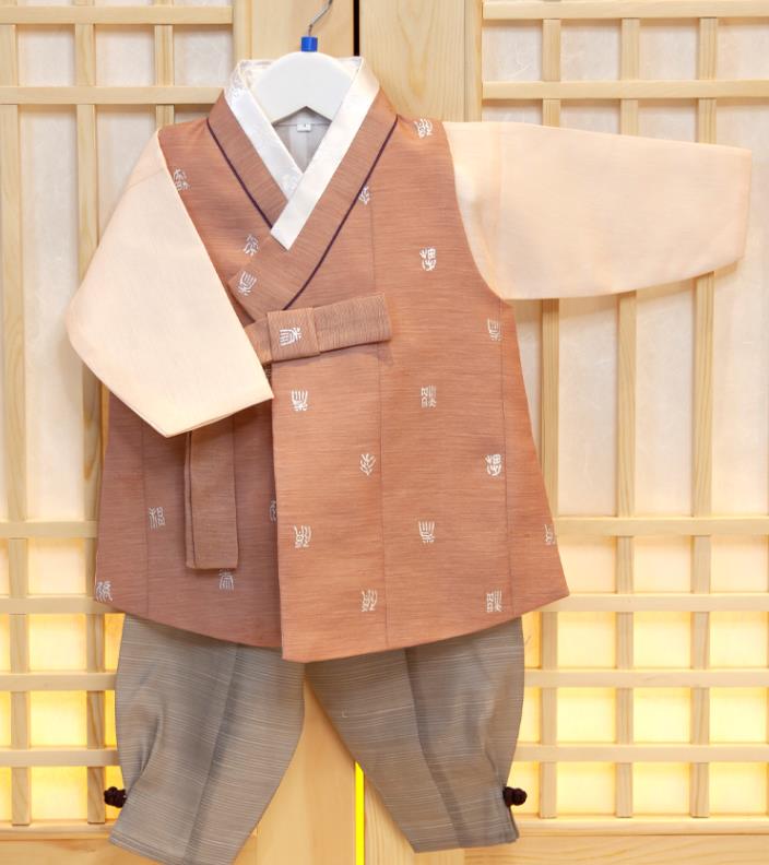 Korea Children Garment Costumes Korean Boys Prince Birthday Hanbok Traditional Fashion Clothing Orange Vest Beige Shirt and Grey Pants