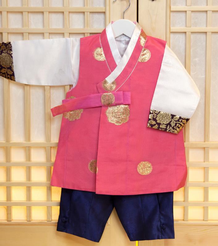 Korea Traditional Fashion Clothing Children Garment Pink Vest White Shirt and Navy Pants Korean Boys Prince Birthday Hanbok Costumes