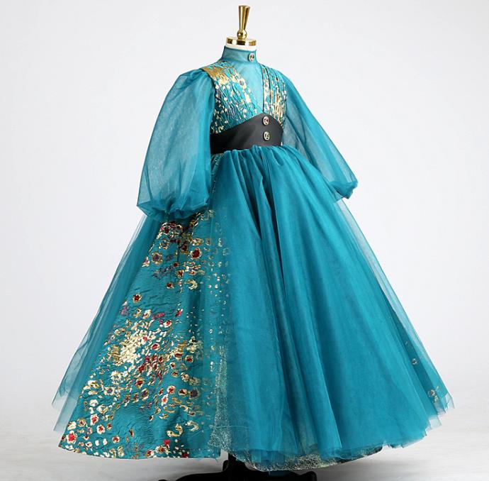 High Children Performance Blue Dress Baby Compere Garment Costume Stage Show Full Dress Girl Catwalks Clothing