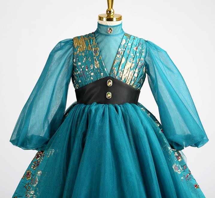 High Children Performance Blue Dress Baby Compere Garment Costume Stage Show Full Dress Girl Catwalks Clothing