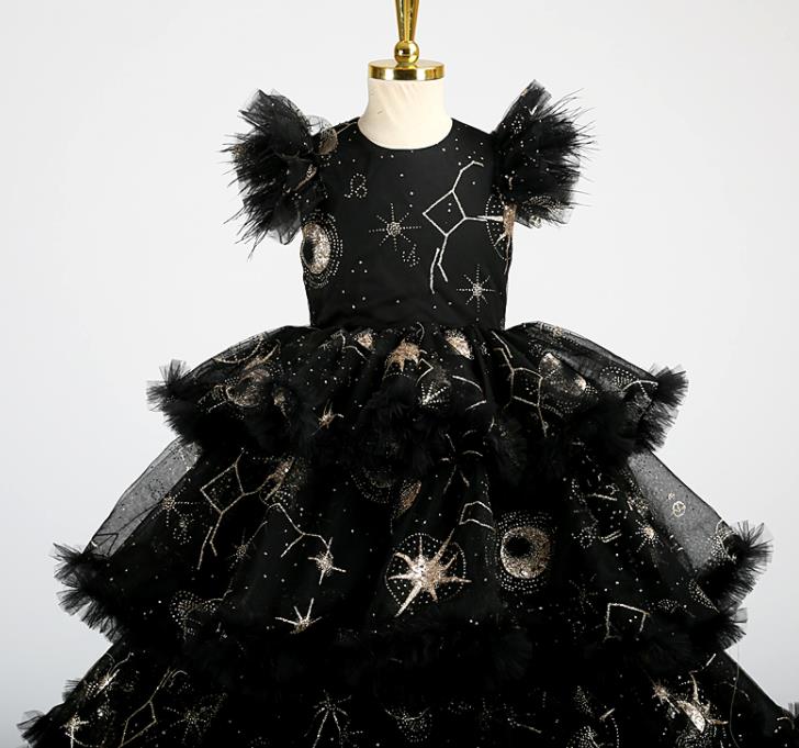 High Girl Catwalks Clothing Children Performance Black Dress Baby Compere Garment Costume Stage Show Full Dress
