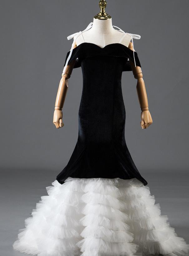 Custom Stage Show Black Velvet Dress Catwalks Trailing Full Dress Children Dancewear Girl Compere Fashion Clothing