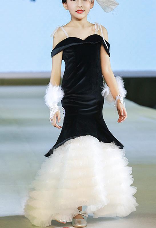 Custom Stage Show Black Velvet Dress Catwalks Trailing Full Dress Children Dancewear Girl Compere Fashion Clothing