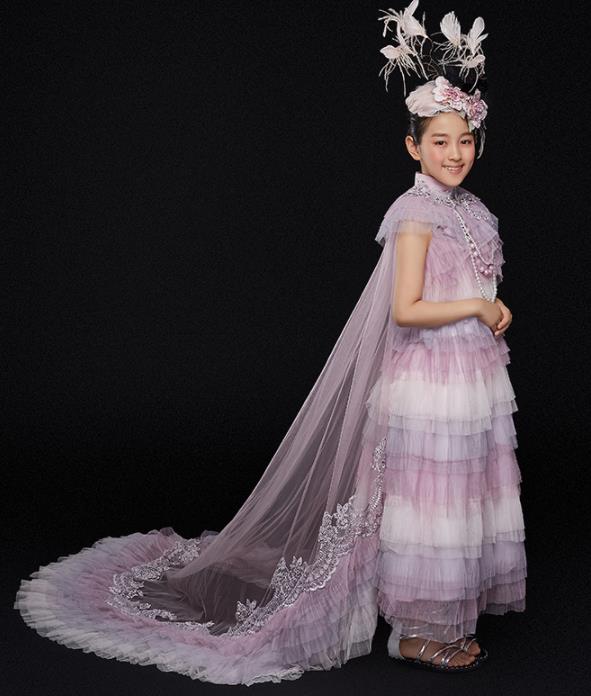 Custom Catwalks Princess Full Dress Children Birthday Garment Compere Fashion Clothing Girl Stage Show Lilac Veil Dress
