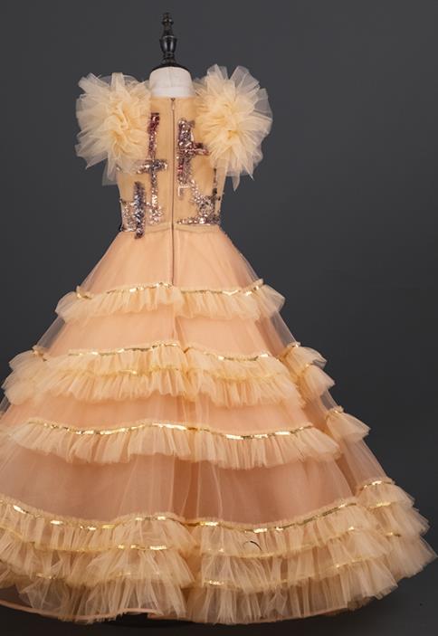 Custom Kid Compere Formal Clothing Children Piano Recital Ginger Veil Dress Girl Birthday Fashion Princess Full Dress