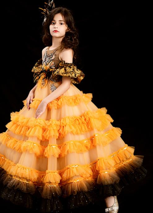 Professional Girl Modern Dance Clothing Princess Garment Children Catwalks Fashion Costume Stage Show Orange Veil Full Dress