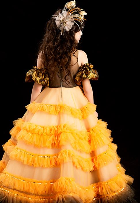 Professional Girl Modern Dance Clothing Princess Garment Children Catwalks Fashion Costume Stage Show Orange Veil Full Dress