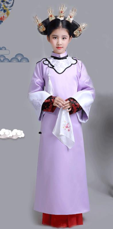 China Qing Dynasty Children Princess Clothing Ancient Imperial Consort Garment Costume Traditional Stage Show Girl Purple Qipao Dress