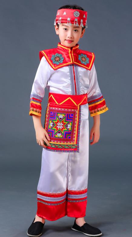 Chinese Ethnic Festival Costumes Guangxi Minority Folk Dance Clothing Zhuang Nationality Children White Outfits