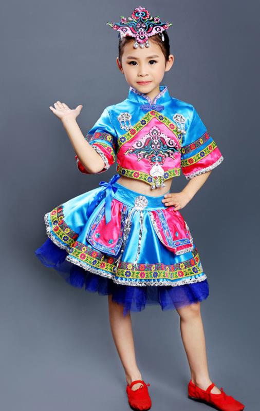 Chinese Yi Nationality Blue Dress Outfits Ethnic Folk Dance Costumes She Minority Children Festival Clothing