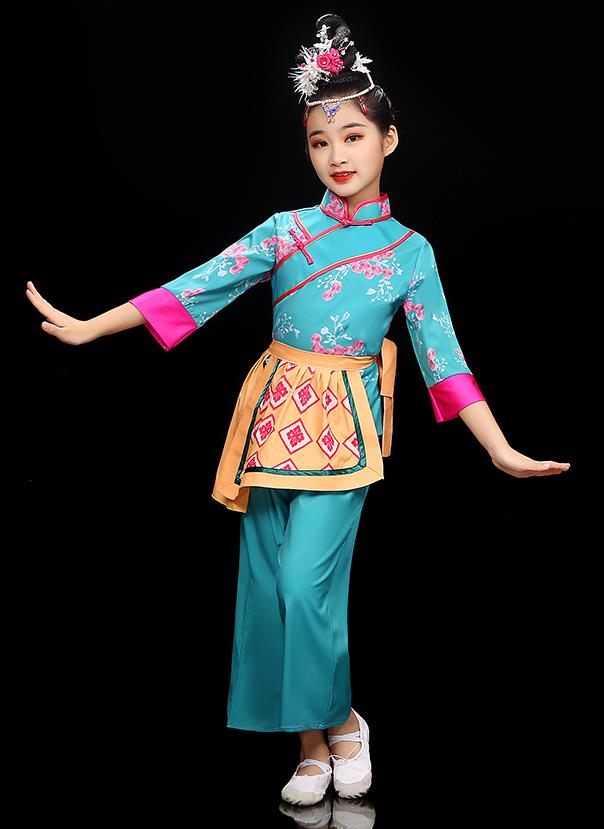 Chinese Children Folk Dance Clothing Group Dance Garment Costume Fan Dance Blue Uniform Traditional Tea Leaf Picking Dancewear