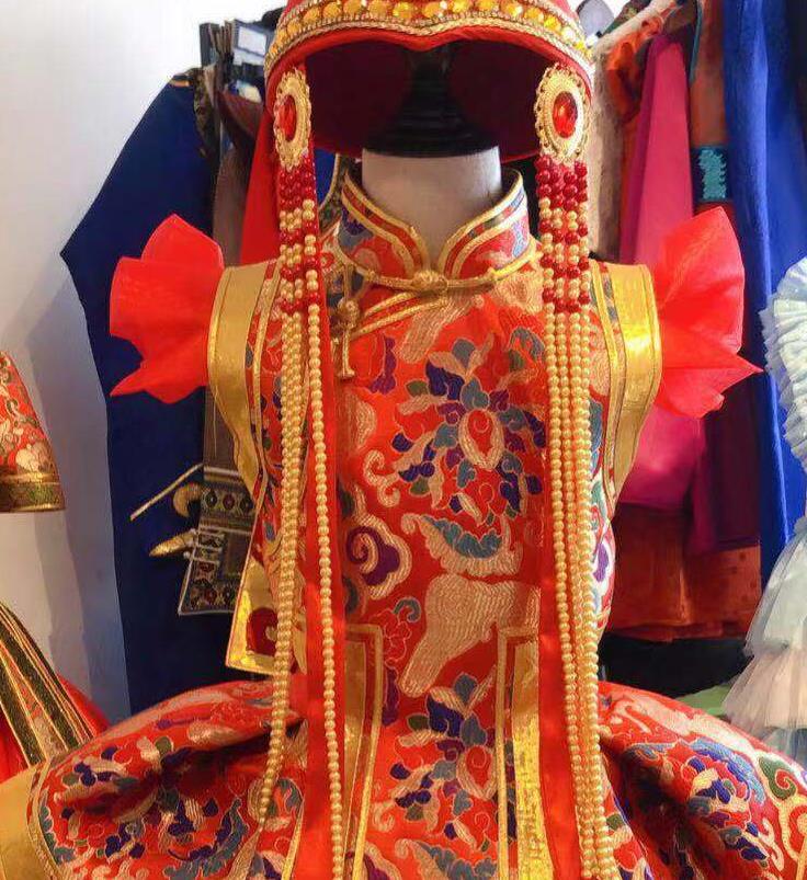 Chinese Mongolian Festival Garment Traditional Ethnic Compere Costume Mongol Nationality Folk Dance Red Dress