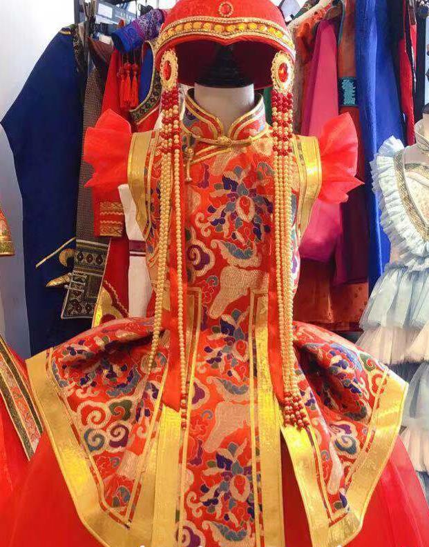 Chinese Mongolian Festival Garment Traditional Ethnic Compere Costume Mongol Nationality Folk Dance Red Dress