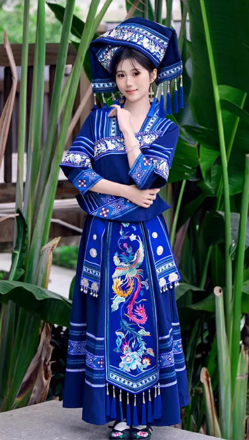 Guangxi Zhuang Ethnic Clothing San Yue San Festival Minority Embroidered Women Long Gown Performance Blue Dress